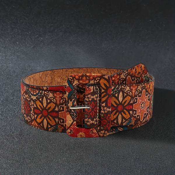Vintage blomstertrykte PU-belter vestlig linning boho pin-spenne jeansbuksebelte for kvinner