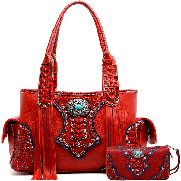 Western Style Cowgirl Woven Fringe Crocodile Gorgeous Purse Conchos Tote Country Women Handbag Shoulder Bags Wallet Set
