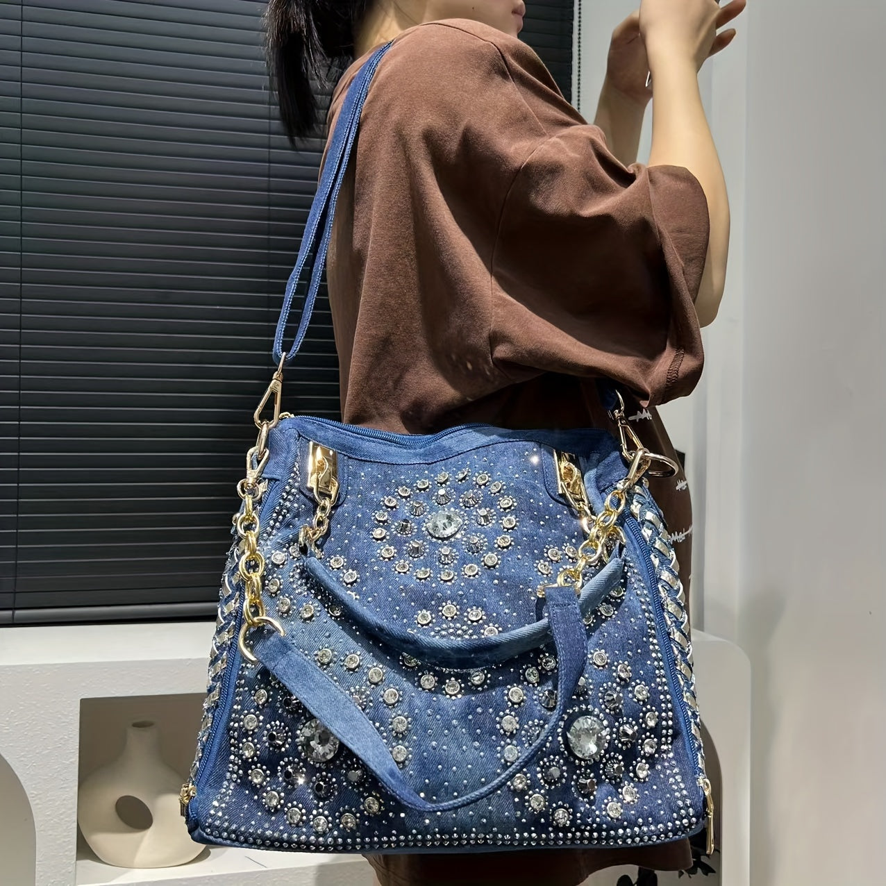 Elegant denim dameveske med glitrende rhinestones – stor kapasitet, gradientdesign, avtakbar stropp, glidelåslukking