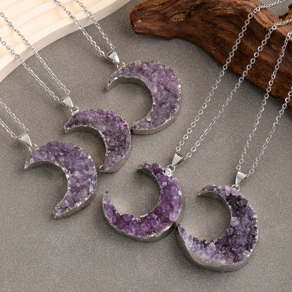 Natural Amethyst Crystal Crescent Moon Necklace, Healing Quartz Gemstone Pendant for Reiki Energy and Positive Vibes, Unisex Jewelry Accessory - 1 Piece