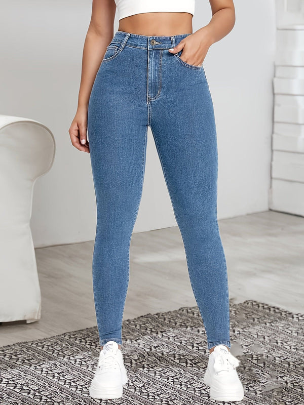 Høylivede, elastiske blå blyantjeans for kvinner, ankellange denimbukser med stikklommer, passende og komfortabel