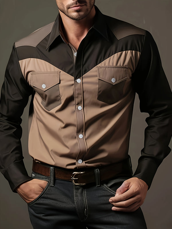 Herre langermet casual western cowboyskjorte med geometrisk mønster og brystlommer – retro tofarget design