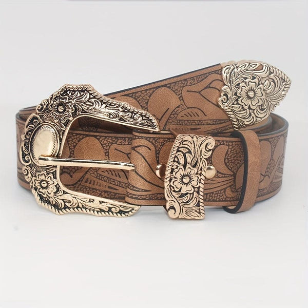 Western Carved Buckle Belts Vintage Flower Embossed Solid Color PU linning Klassiske jeansbuksebelter for kvinner