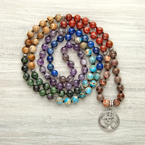 108 Bead 7 Chakra Mala Necklace - Handcrafted Meditation Jewelry for Inner Peace and Balance - Healing Stones for Spiritual Growth and Positive Energy