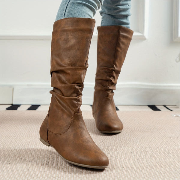 Trendy Western-Inspired Riding Boots: Flat Heel, Round Toe, Side Zip - Chic Comfort for Everyday Wear