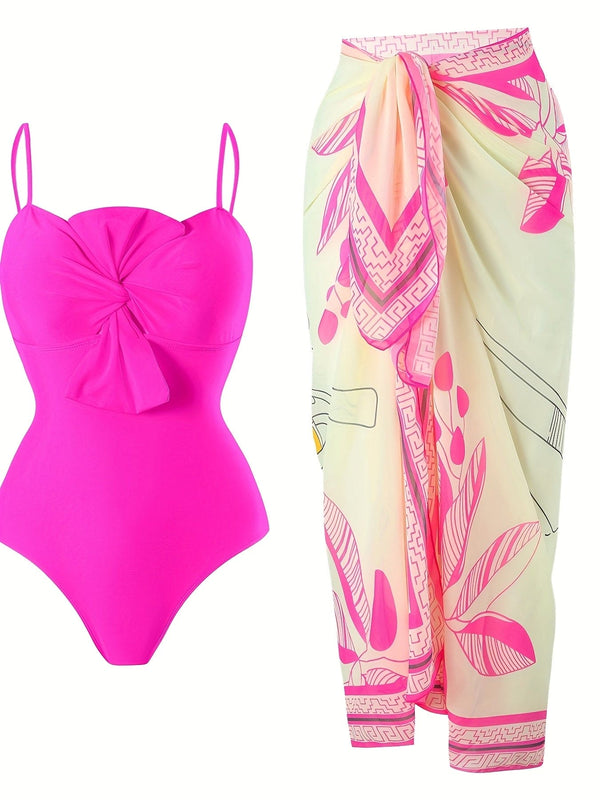 Solid color two-piece swimsuit, one-piece swimsuit with thin straps controlling the belly and shaker skirt, Women's vacation swimwear and clothing