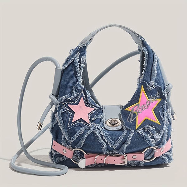 Women's Fashion Denim Shoulder Bag with Star Accents, Vintage Style Crossbody Handbag - MHMote