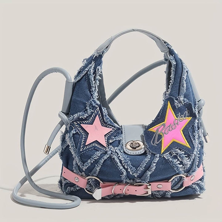 Women's Fashion Denim Shoulder Bag with Star Accents, Vintage Style Crossbody Handbag - MHMote