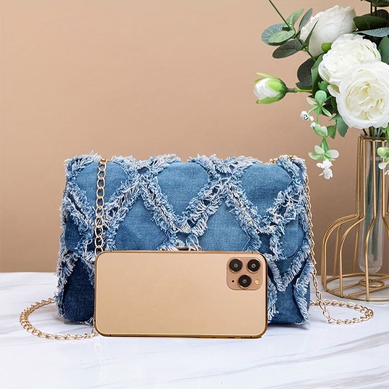 Elegant mini denim crossbody-veske for kvinner - Allsidig rutete cowboy-stil med avtakbar kjedestropp, lett og stilig, skulderveske, lås, ny stil