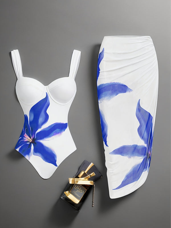 Fashionable Women'S Floral Print Fitted Waist One-Piece Swimsuit with a Half Skirt Two-Piece Set.