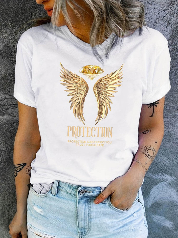 Protection & Angel Wings & Diamond Print Crew Neck T-shirt, Casual Fashion Short Sleeve T-shirt, Micro-Elastic, Non-Transparent, Easy To Care Material, Ideal For Everyday Wear, Women'S Clothing - MHMote