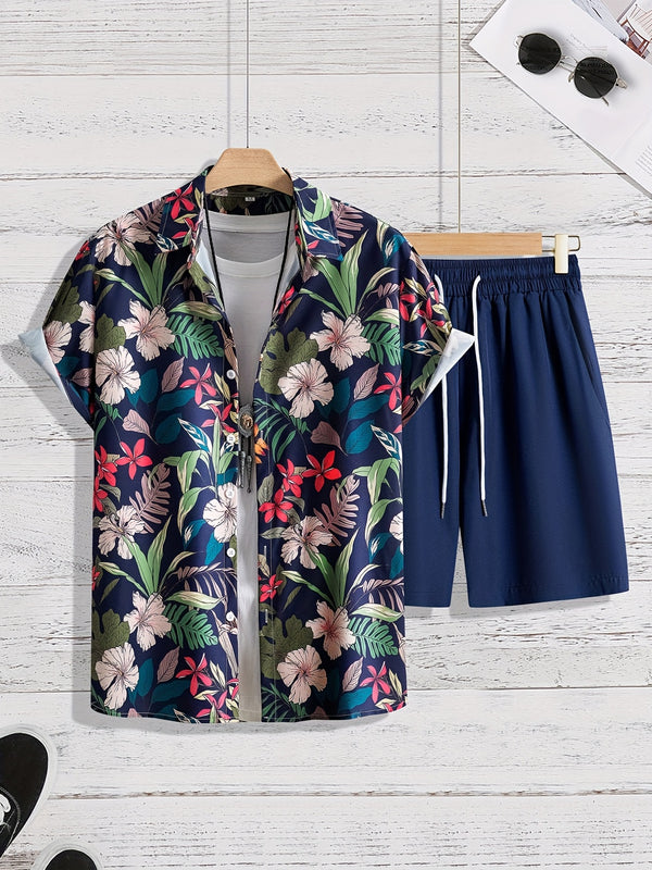 2-delt sett med hawaiisk skjorte og shorts for menn – blomster- og bladtrykk, perfekt for sommerkomfort og stil