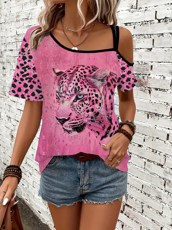 Damesommertopp - Stilig design, minimalistisk, jentete, romantisk, fri stil, pen T-skjorte med kunstnerisk friskt trykk, daglig pendling og ferieutseende, allsidig enkelt mønster, rosa leopardprint t-skjorte med V-hals