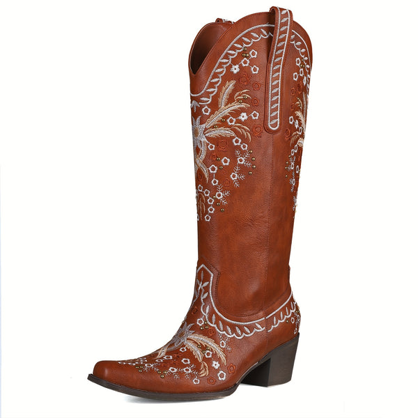 Western Cowboy Boots Cowgirl Chunky Heel Mid Calf Boot Snip Toe Embroidery Riding Boots
