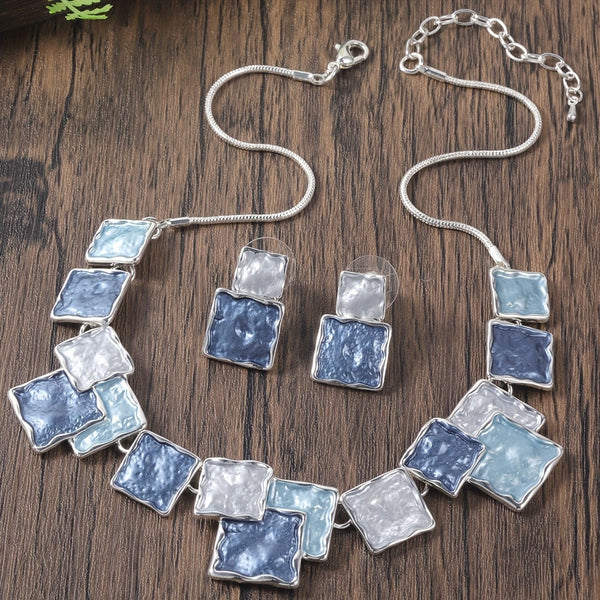 1 set of stylish minimalist design zinc alloy geometric square stitching drip oil necklace earrings set Women's jewelry set, daily dance party, dinner party jewelry, accessories, gifts
