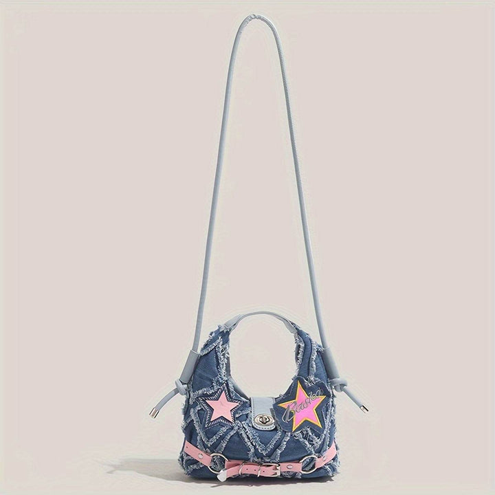 Women's Fashion Denim Shoulder Bag with Star Accents, Vintage Style Crossbody Handbag - MHMote