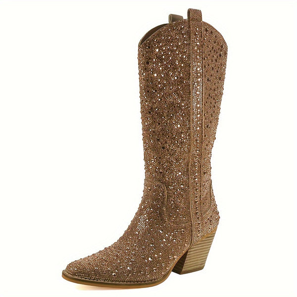 Høyhælte western cowboystøvler for kvinner - Rhinestone-dekorert, Stablet blokkhæl, Midt på leggen, Glidelåslukking, Pustende nettingfôr, PU-imitasjonsskinnoverdel, TPR-såle, Europeisk og amerikansk stil, Spiss tå, Ensfarget, All-S