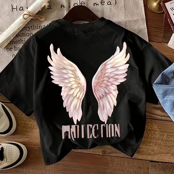 Women's Angel Wings Graphic T-Shirt - Casual Round Neck Short Sleeve Top, Soft Polyester & Spandex Blend, Machine Washable, All-Season Comfort, Angel Tshirt - MHMote