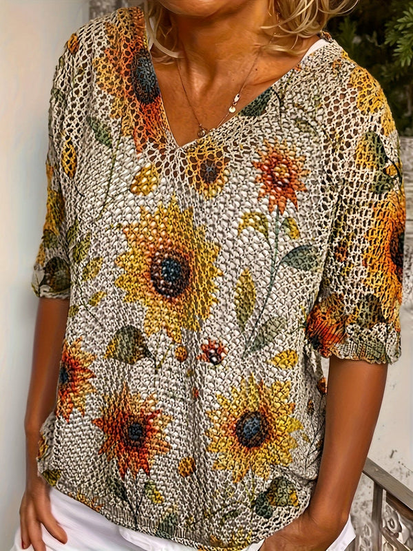 Damegenser med solsikketrykk, V-hals, heklet, hul, løs, kortermet genser, avslappet, allsidig bluse til helgen med medium stretch, blomstermønster, vanlig lengde, for sommersesongen