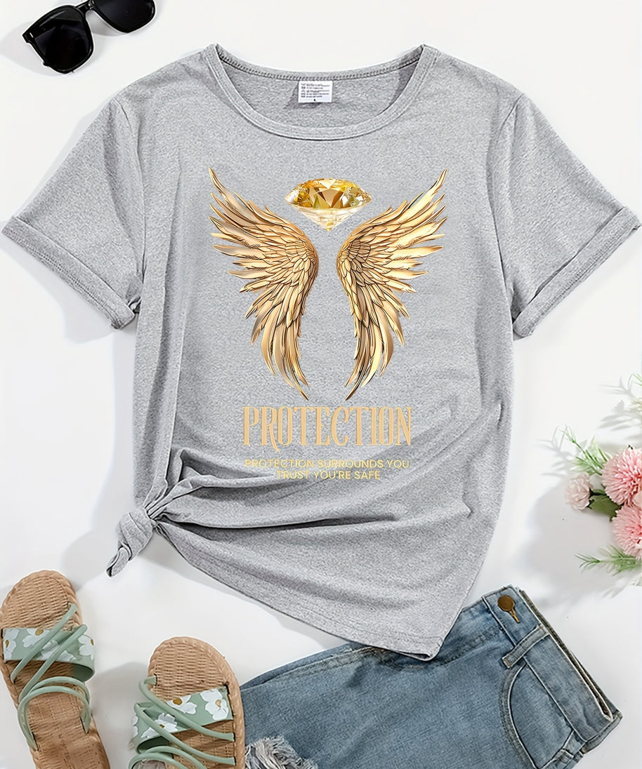 Women's Angel Wings Graphic T-Shirt - "Protection Surrounds You" Golden Print, Casual Crew Neck Short Sleeve, Micro-Elastic, Non-Transparent, Easy Care Polyester/Spandex Blend, Ideal for Casual Attire