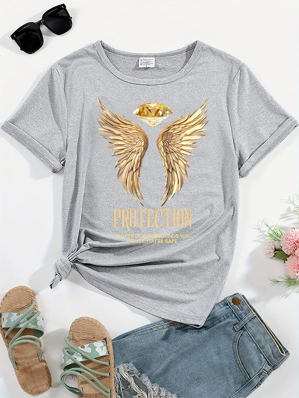Women's Angel Wings Graphic T-Shirt - "Protection Surrounds You" Golden Print, Casual Crew Neck Short Sleeve, Micro-Elastic, Non-Transparent, Easy Care Polyester/Spandex Blend, Ideal for Casual Attire