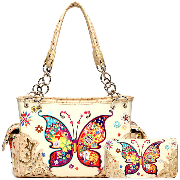 [Concealed Carry Purse] Western Style Concealed Carry Butterfly Flower Spring Purse Women Shoulder Bag Wallet Set Country Handbag