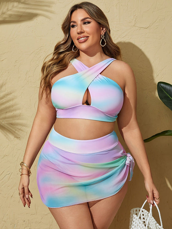 Plus Size Vacay bikinisett, dame pluss tie dye-stoff med krysset halterneck-topp og knute på siden, dekkende skjørt, badedrakt i to deler