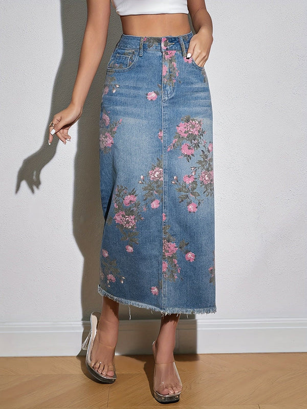 Blomstertrykk med rå fald, maksidonerskjørt med spisse lommer, elegant denimskjørt med høy midje, damejeans og -klær