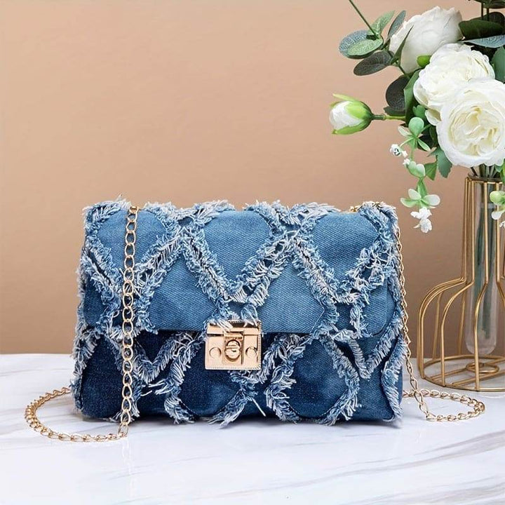 Chic Mini Denim Crossbody Bag for Women - Versatile Checkered Cowboy Style with Detachable Chain Strap, Lightweight & Stylish, Shoulder Bag, Lock, New Style - MHMote