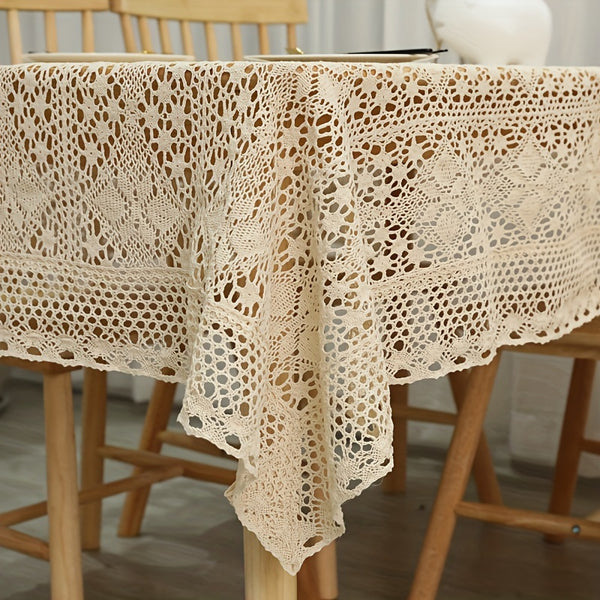 Pastoral Style Four Leaf Flower Polyester Tablecloth - 1pc Vintage Crochet Tassel Square Table Cover - Machine Made Woven Decor for Wedding, Family Gathering, Christmas, Long Table & Dressing Table Decoration