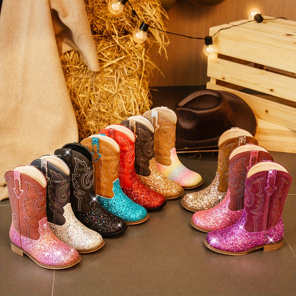 [Sparkly Cowboy Boots] Sparkly Girls Fashion Cowboy Cowgirl Boots | Ankle Western Boot, Glitter Riding Shoes | For Party Holiday