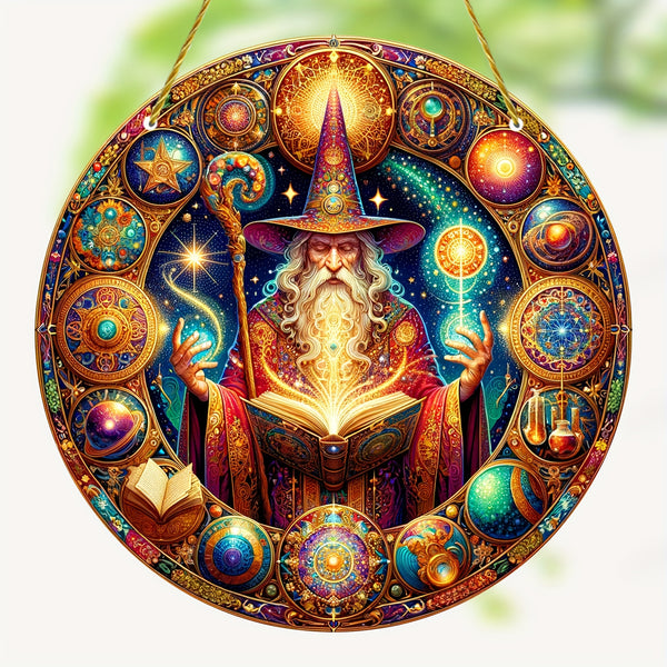 1pc, Magician Stained Round Suncatcher (8"X8"), Colorful Art Window Hanging Decoration, Holiday Decoration, Wreath Decoration, Wall Art Decoration, Porch, Living Room, Garden, Bedroom, Home Decor, Birthday Gift For Friends Gi