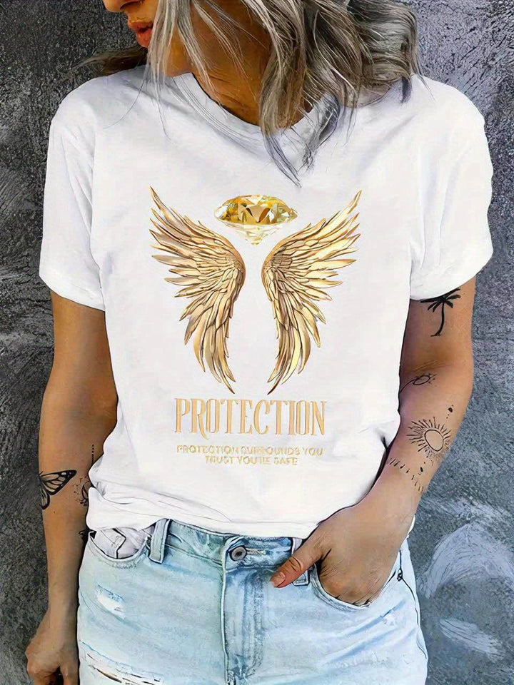 Protection & Angel Wings & Diamond Print Crew Neck T-shirt, Casual Fashion Short Sleeve T-shirt, Micro-Elastic, Non-Transparent, Easy To Care Material, Ideal For Everyday Wear, Women'S Clothing - MHMote