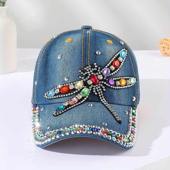 Rhinestone Dragonfly Patch Baseball Cap Blue Denim Washed Distressed Dad Hat Sun Hats For Women - MHMote