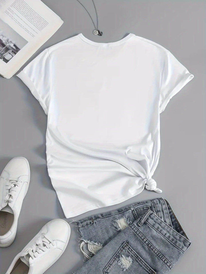 Protection & Angel Wings & Diamond Print Crew Neck T-shirt, Casual Fashion Short Sleeve T-shirt, Micro-Elastic, Non-Transparent, Easy To Care Material, Ideal For Everyday Wear, Women'S Clothing - MHMote