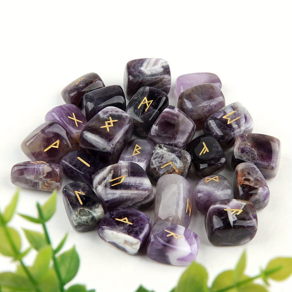25 stk naturlig ametyst Futhark viking runesteinsett, gravert bokstav norrøn hekseri helbredende krystall Reiki edelstener uregelmessig formet