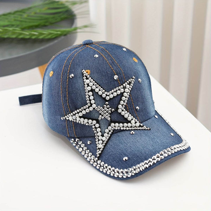 Women's Rhinestone Studded Star Denim Baseball Cap, Adjustable Casual Outdoor Sun Protection Peaked Hat Gifts For Eid - MHMote