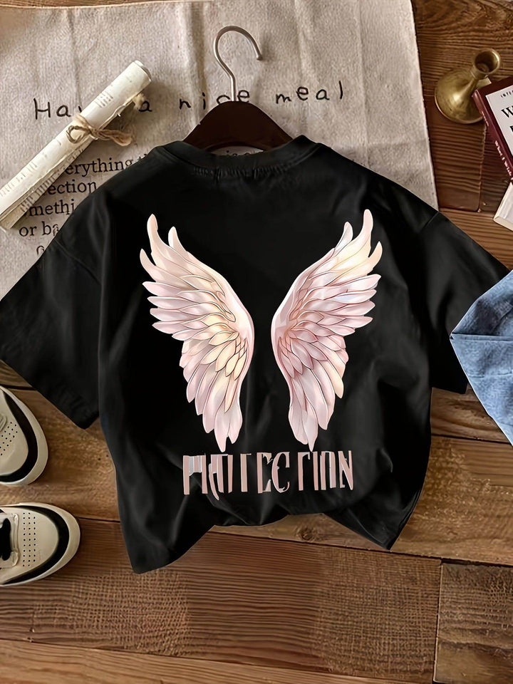 Women's Angel Wings Graphic T-Shirt - Casual Round Neck Short Sleeve Top, Soft Polyester & Spandex Blend, Machine Washable, All-Season Comfort, Angel Tshirt - MHMote