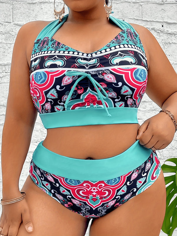 Plus Size Boho Bikinisett, Dame Plus Size Arabesque Print Halter Neck Sløyfe Knute BH &amp; Truse Badedrakt Todelt Sett