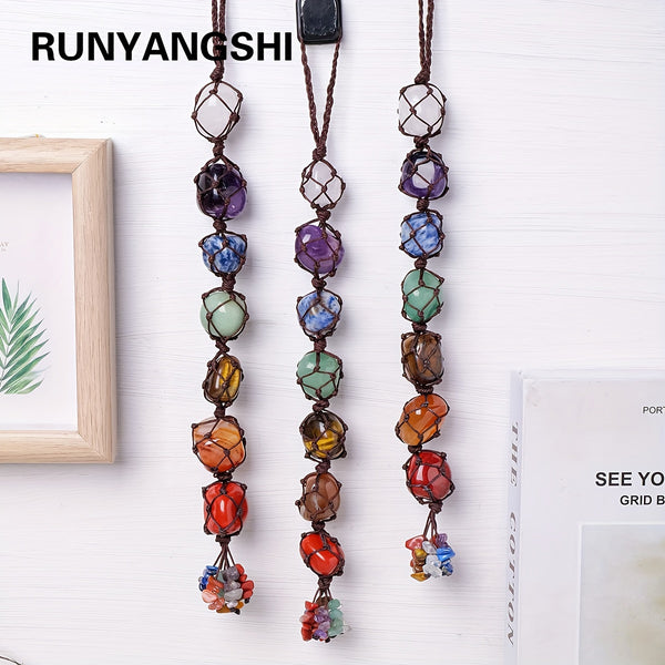 Runyangshi Boho Krystall Chakra Hengende Ornament - Naturlig Polert Edelsten Bil- og Hjemmedekor - Feng Shui Energi Helbredende Steinanheng, Generell Passform, Ingen Fjær, Perfekt for Gave