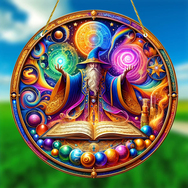 1pc, Magician Stained Round Suncatcher (8"X8"), Colorful Art Window Hanging Decoration, Holiday Decoration, Wreath Decoration, Wall Art Decoration, Porch, Living Room, Garden, Bedroom, Home Decor, Birthday Gift For Friends Gi