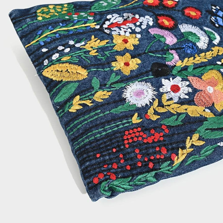 Embroidered Flowers Women Cowboy Shoulder Bag Fashion Chain Ladies Messenger Bags Denim Handbag Blue - MHMote