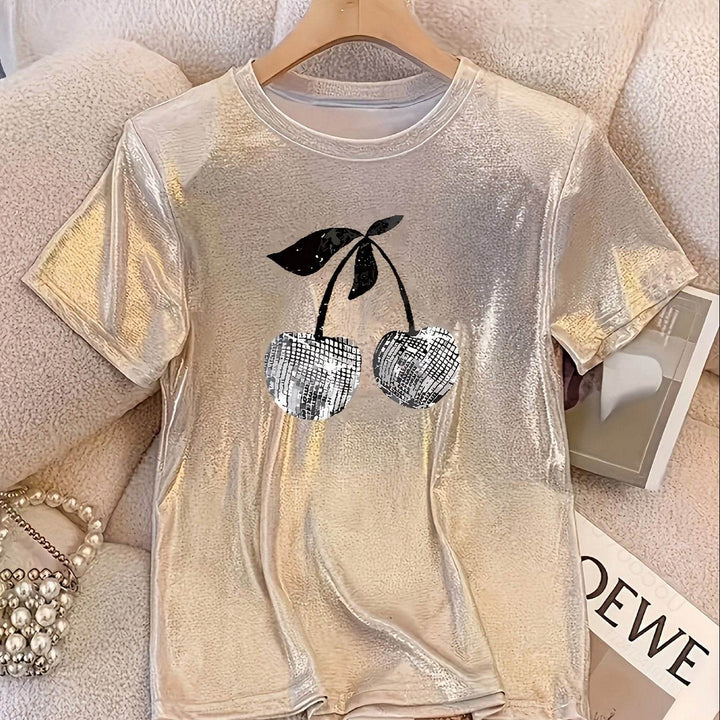Women's Sparkling Champagne Cherry Graphic T-Shirt - Casual Round Neck, Stretchy Polyester Blend, Metallic Sheen with Black Cherry Design, Perfect for Parties & Casual Attire - MHMote