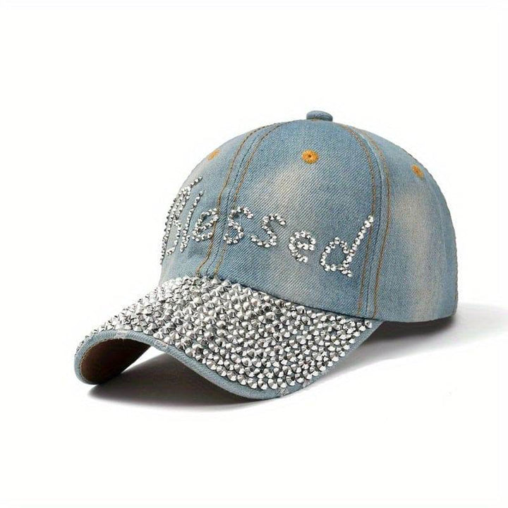 Stylish denim baseball cap with Blessed letter and diamond embellishment - MHMote