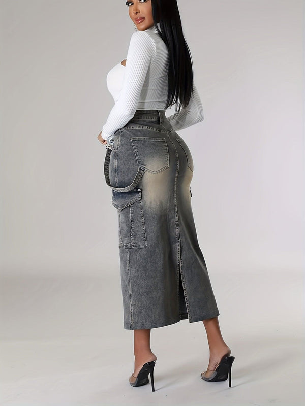 Midiskjørt med sideklaff og lomme i vintage-stil, medium elastisk, elegant denimskjørt med stropper, damejeans og -klær