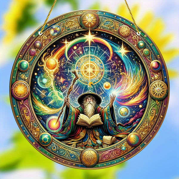 1pc, Magician Stained Round Suncatcher (8"X8"), Colorful Art Window Hanging Decoration, Holiday Decoration, Wreath Decoration, Wall Art Decoration, Porch, Living Room, Garden, Bedroom, Home Decor, Birthday Gift For Friends Gi