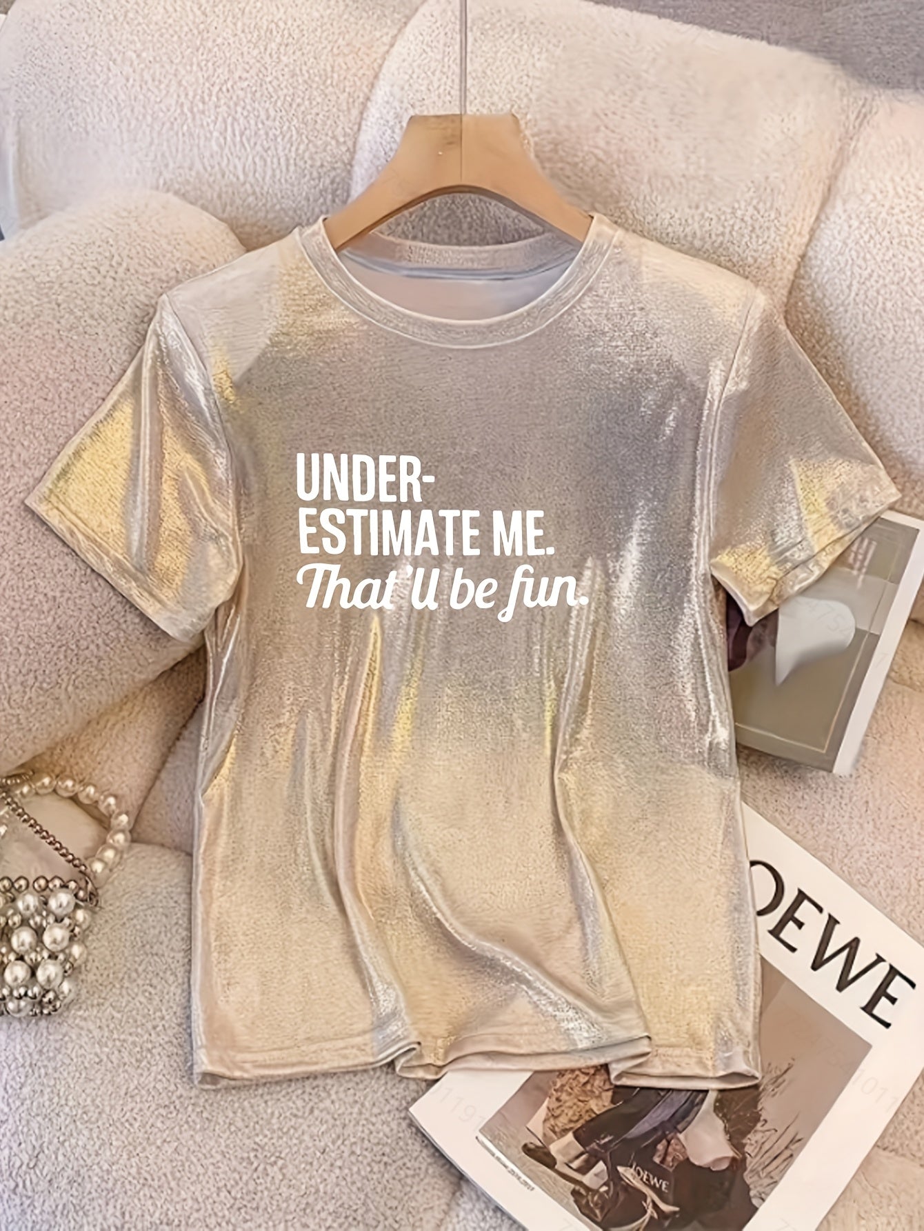 Women's Champagne Sparkle Graphic Tee - "UNDER-ESTIMATE ME THAT'll BE FUN!" Quote, Casual Round Neck, Short Sleeve, Polyester Blend, Machine Washable - Perfect for Spring/Summer/Fall