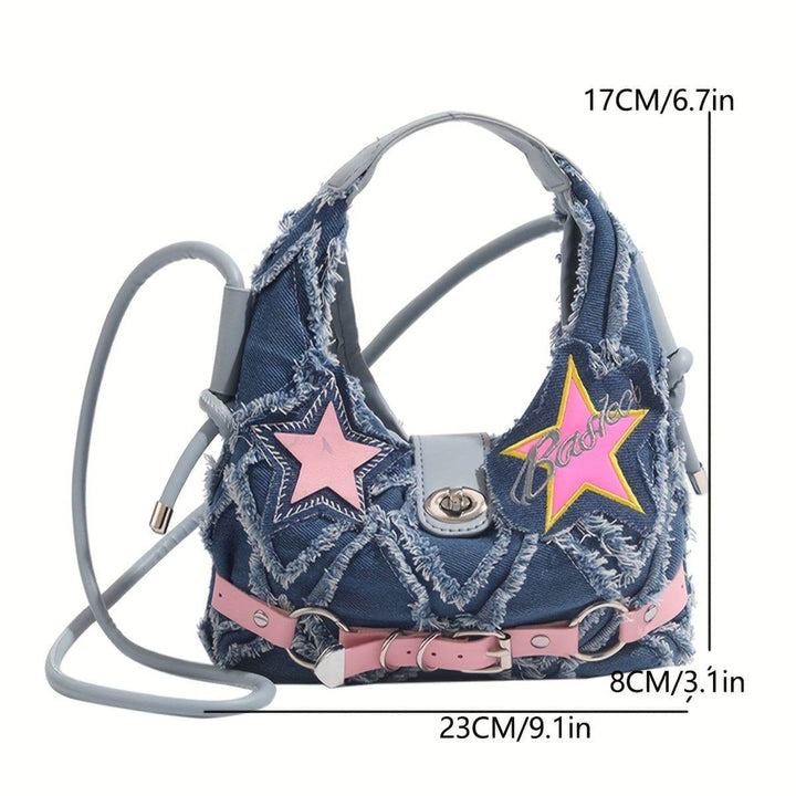 Women's Fashion Denim Shoulder Bag with Star Accents, Vintage Style Crossbody Handbag - MHMote