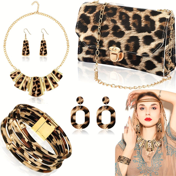 5pcs Boho Vintage Leopard Print Jewelry Set - Women'S Multi-Layer PU Leather Accessories with Bib Chain Necklace, Earrings, Bracelet, and Clutch Purse - Versatile for Daily and Party Occasions