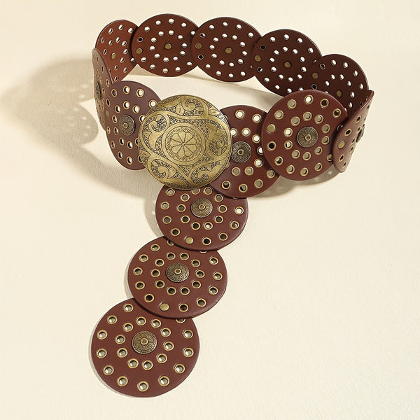 Western Cowboy Bredt Belte Gyllen Nagle Steampunk Sirkler PU Lær Linning Vintage Stor Rund Spenne Midjebelte For Kvinner
